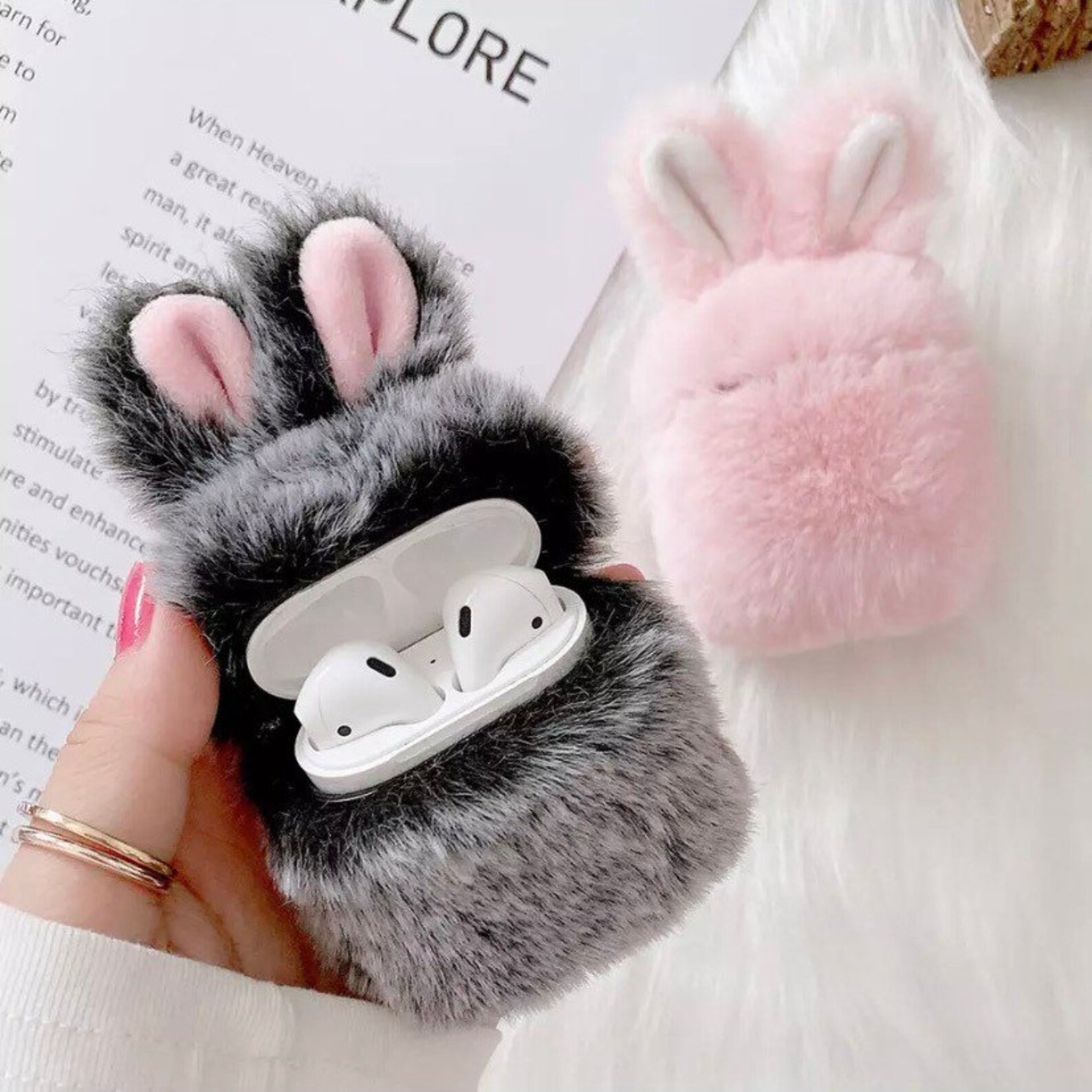 Cute Pink/Gray Fuzzy Bunny Ears AirPod Case | Etsy