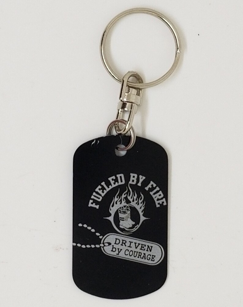 Black Personalized Stainless Steel with chain Gift. Dog Tag Fueled in Fire logo Firefighter