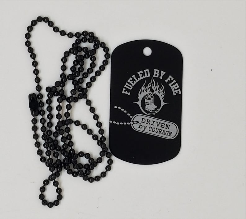 Black Personalized Stainless Steel with chain Gift. Dog Tag Fueled in Fire logo Firefighter