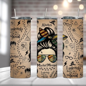 May include: Three beige stainless steel tumblers with a straw, featuring a repeating pattern of Harry Potter-themed illustrations and text. One tumbler displays a woman's face with sunglasses and the words "Mischief Managed."