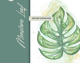 Quilling Pattern To Make Monstera Leaf Instant Download How to Make DIY Watercolour Template Green Plant Theme