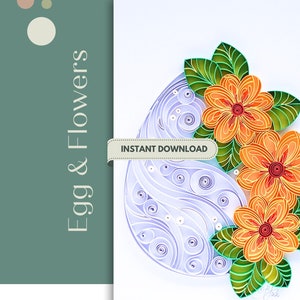 Könnte beinhalten: Quilling-Vorlage mit einer Eiform mit einem wirbelnden Muster in Lila und Weiß, umgeben von drei orangefarbenen und gelben Blumen mit grünen Blättern. Der Text "INSTANT DOWNLOAD" befindet sich auf einem weißen Banner.