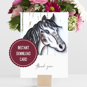 Cartão de agradecimento com quilling de cavalo, Cartão detalhado com padrão de cavalo com quilling, Impressão de design animal, Cartão para impressão com download instantâneo