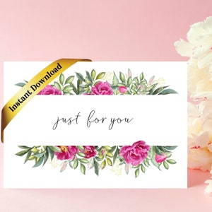 Tarjeta de felicitación de técnica mixta Quilling con peonías, tarjeta de regalo de cumpleaños, tarjeta solo para ti, diseño floral, hojas de quilling y peonías imprimibles