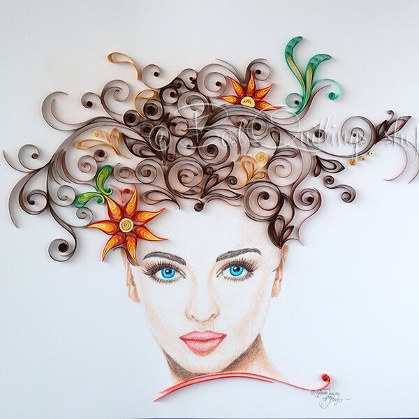 Original Quilling Art and Drawing Art: "Queen of Beauty" Colourful Paper Art, Wall Art, Framed, Hand drawn Wall Deco