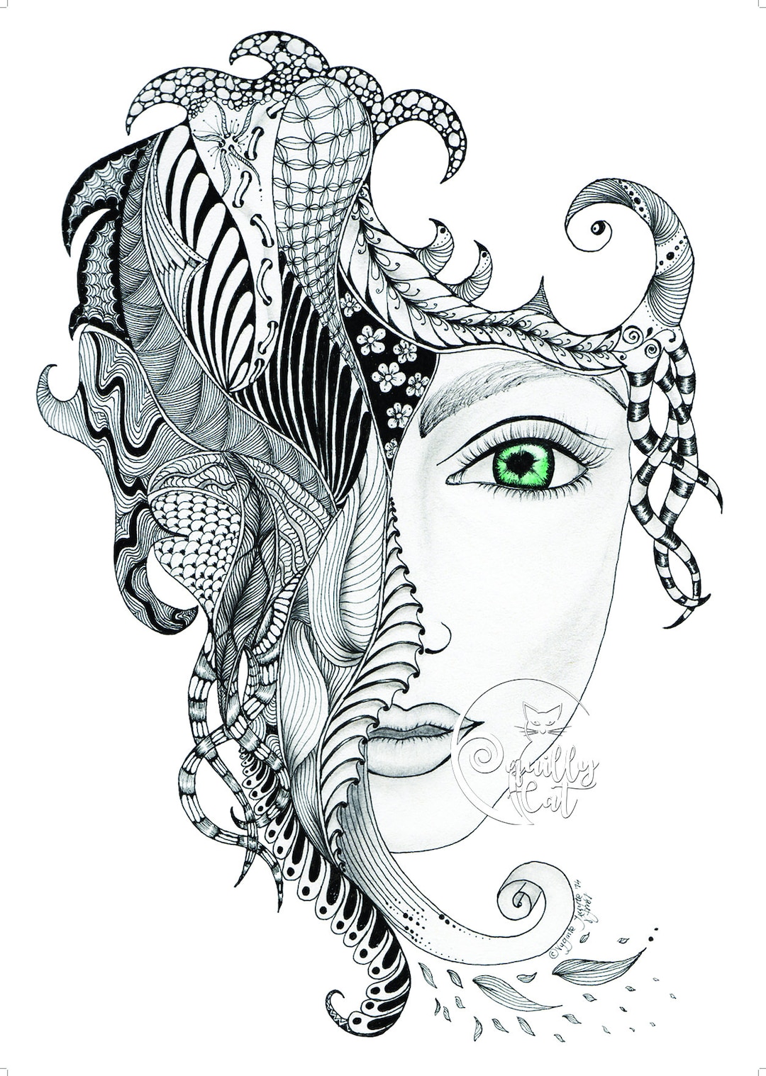 PRINT Hand Drawn Zentangle Art green Eye Print Etsy