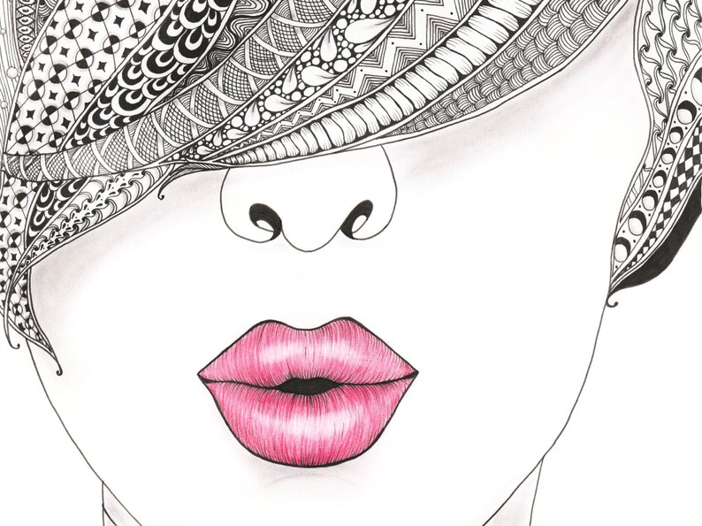 Hand drawing zentangle line art a woman with red lips
