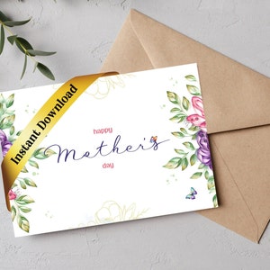 Carte de voeux fête des mères à téléchargement immédiat, cadeau numérique floral, carte horizontale, modèle de carte de voeux imprimable 7 x 5 po.