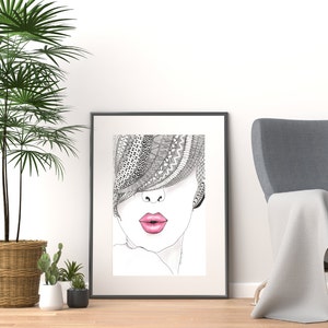 Hand drawn zetangle picture woman with red lips framed in a grey frame