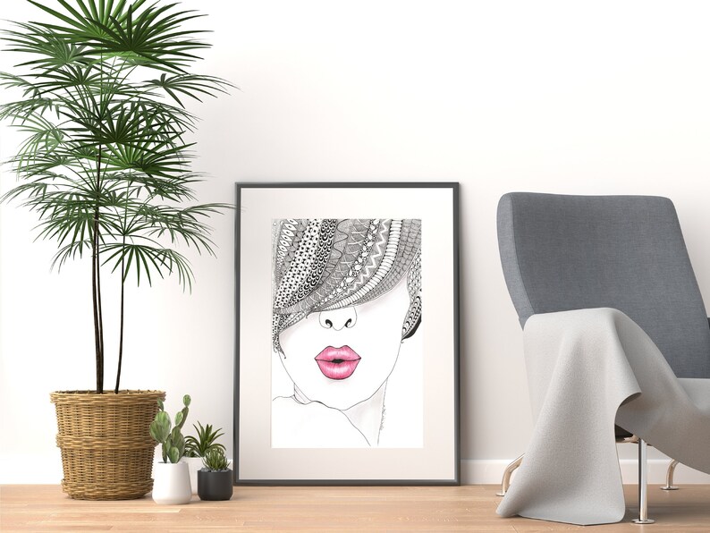 Hand drawn zetangle picture woman with red lips framed in a grey frame