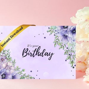 Carte imprimable florale d'anniversaire de Quilling et de techniques mélangées, cadeau de célébration d'anniversaire, carte de couleur violette de fleur d'anémone sentimentale
