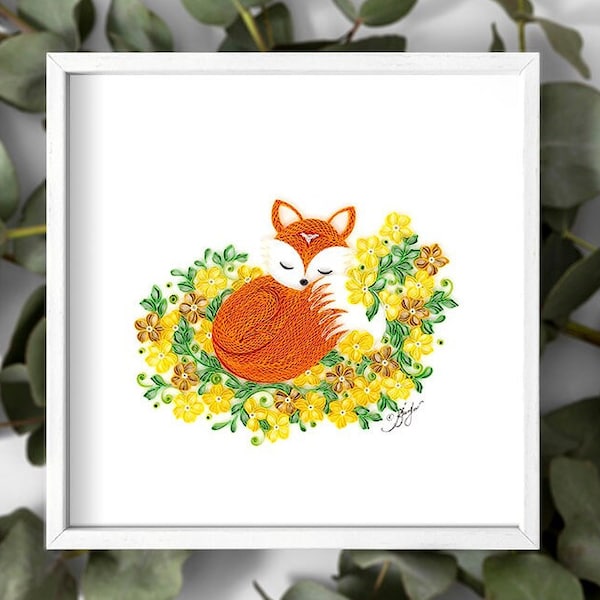 Quilling Framed Artwork Sleepy Little Fox Unique Handcrafted Paper Quill Wall Decor Table Top