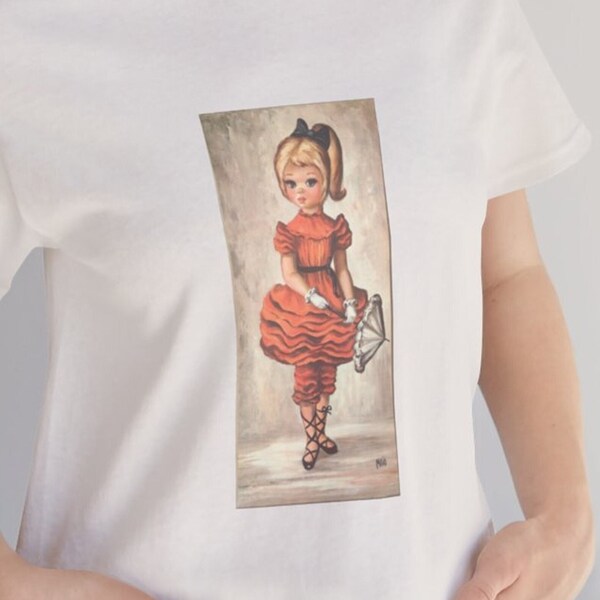 Vintage Maio Girl Parasol Big Eyes Mid Century Art T - Shirt 1960s