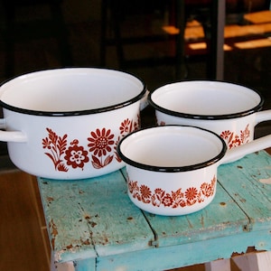 Vintage White Enamel Stock Pot Set: Brown Floral Trim, Romanian Mid-Century Cookware