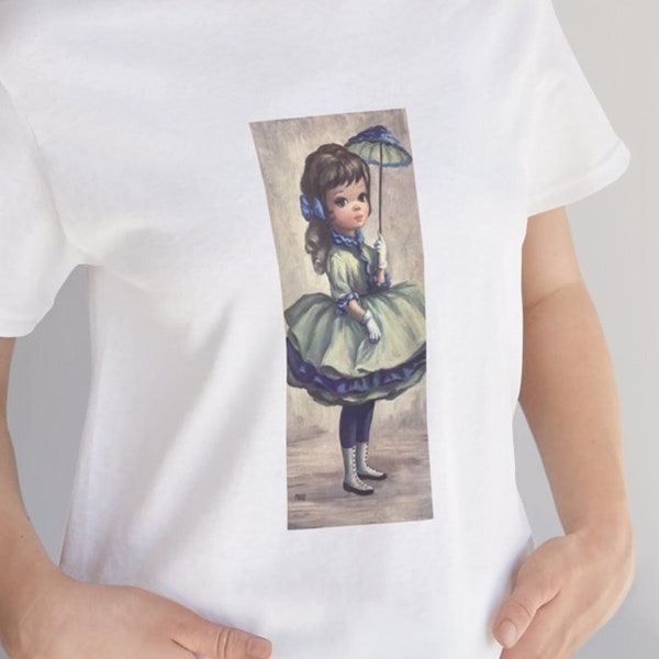 Vintage Maio Girl green Parasol Big Eyes Mid Century Art T - Shirt 1960s