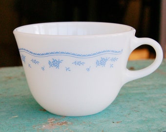 Vintage Corning Ware Milk Glass Provincial Blue Flowers Tea Cup Coffee Mug blue flowers pattern daisy Made in USA