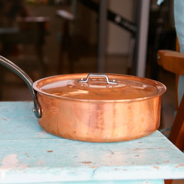 Vintage French Baumalu Copper Cooking Sauté Pan Casserole with Lid Made in France