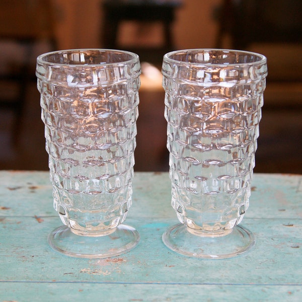 Vintage Indiana Whitehall Cubist Clear Glass Footed Tumblers MCM Style Glasses - Set of 2