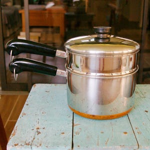 Vintage Revere Ware 1.5 Quart Steamer Pot, Copper Clad Bottom Stainless Steel