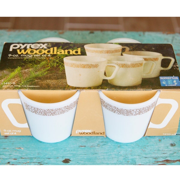 Vintage Pyrex Woodland Pattern Milk Glass Corning Cups in Original Box Old stock Coffee Mugs Teacups - Set of 4 Corning USA