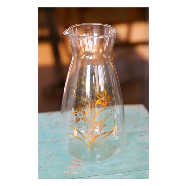 Vintage Pyrex Glass Juice Carafe Gold Floral Design 9.75" high 48oz Vintage Pyrex Carafe with Gold Flowers