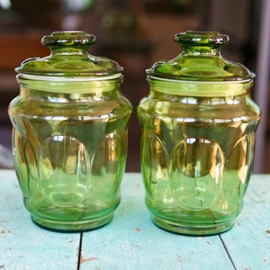 2 Vintage LE Smith Avocado Green Bubble Canisters with Lids Kitchen Storage Retro 1970