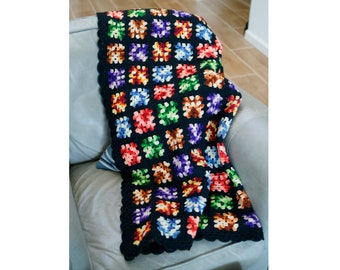 Vintage Granny Square Afghan Crocheted 1970s Retro Lap Throw Blanket Crochet 42x61