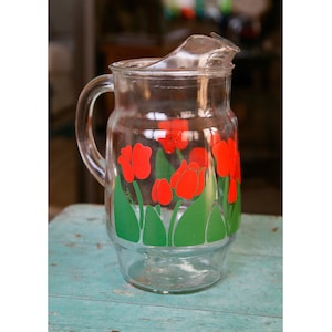 Vintage Red Tulip Glass Pitcher with Ice Lip 2 Qt Iced Tea Water Pitcher Midcentury Nina