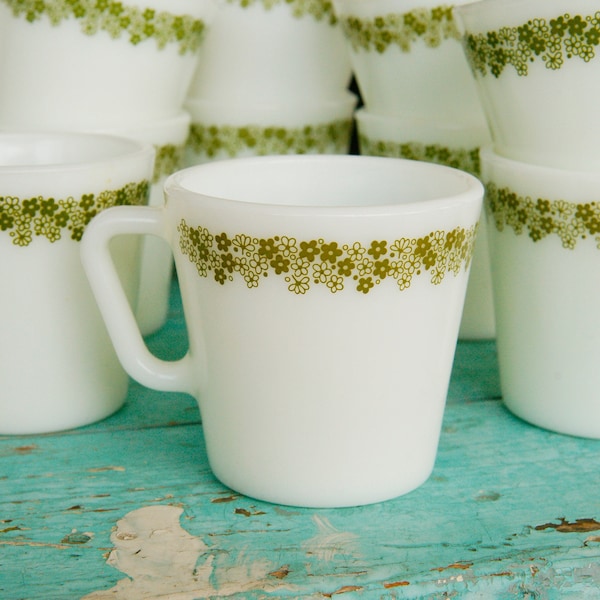 Vintage Pyrex Spring Blossom Pattern Milk Glass Corning USA Cups Coffee or Tea Mugs Teacups