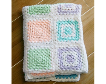 Vintage Granny Square Afghan Thick Soft Crocheted Retro Lap Throw Baby Blanket
