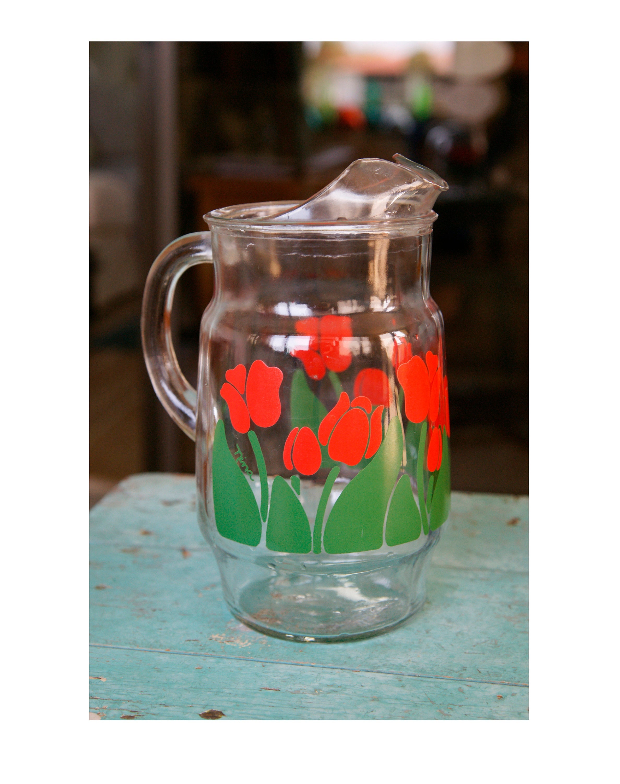 Vintage Red Tulip Anchor Hocking Glass Pitcher: Midcentury Iced Tea Water Jug 2qt