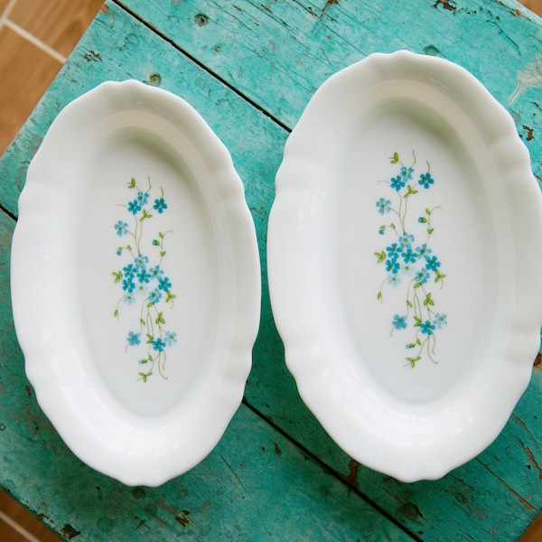 2 Vintage Arcopal France Milk Glass Platters Serving dishes Veronica Blue Floral Stylish French Pyrex