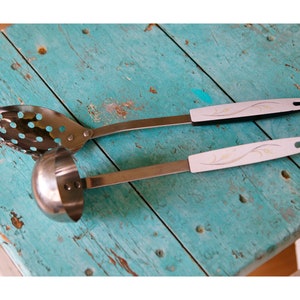 Vintage Wheat Stainless Steel Ladle and Slotted Spoon: 1970s Farmhouse Kitchen Utensils