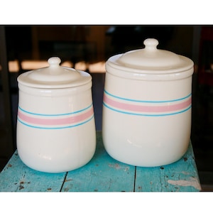 Vintage McCoy Pottery Canisters: Pink & Blue Stripe Farmhouse Kitchen Decor, Set of 2