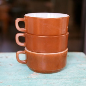 Vintage Anchor Hocking Fire King D handle Bowls Soup Mugs Cups - Set of 3 - Milk Glass bakeware cookware - made in USA 1970s