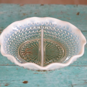 Vintage Fenton Hobnail Divided Serving Dish white and clear glass Anchor Hocking Opalescent Moonstone Art Glass Nut Dish Appetizer Bowl
