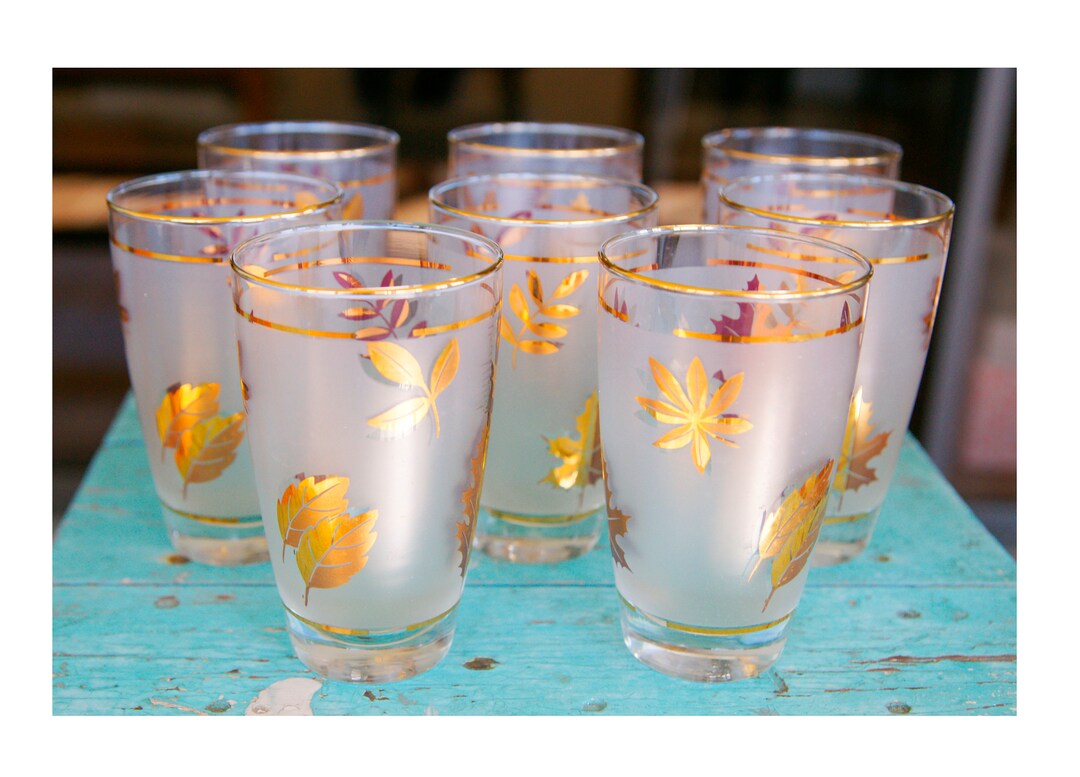 Vintage Mid Century Libbey Gold Leaf Glasses Barware Gold Leaf