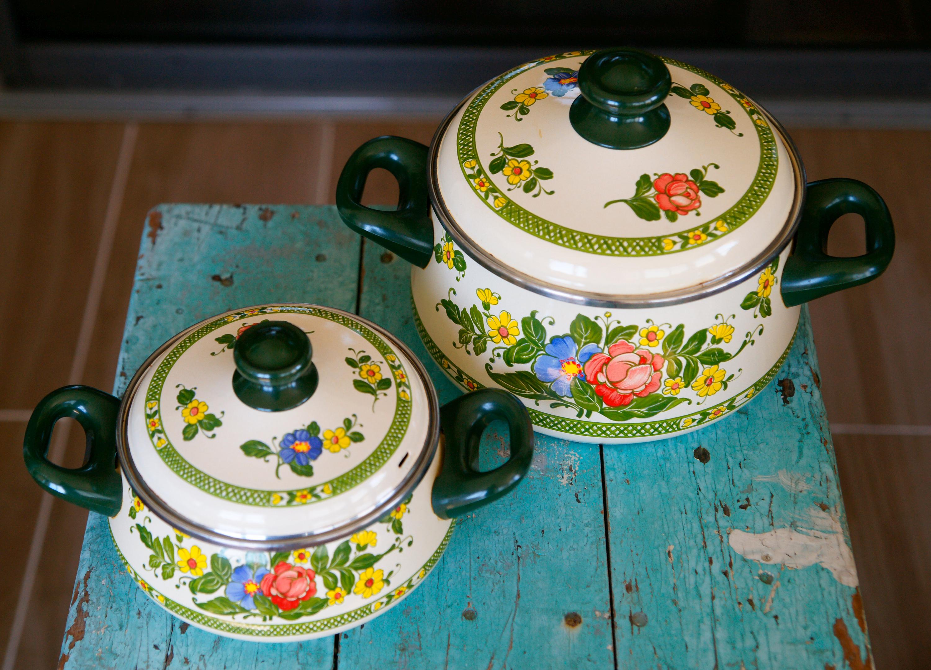 Vintage Fissler Asta Enamelware Stockpots: Floral German Cookware