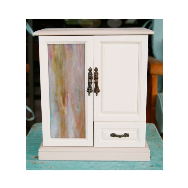 Beautiful Painted Jewelry Box with a stained-glass panel Ladies Jewelry Chest Armoire Vintage Upcycled
