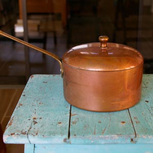 Vintage French Copper Cooking Sauce Pan with Lid and Brass Handle