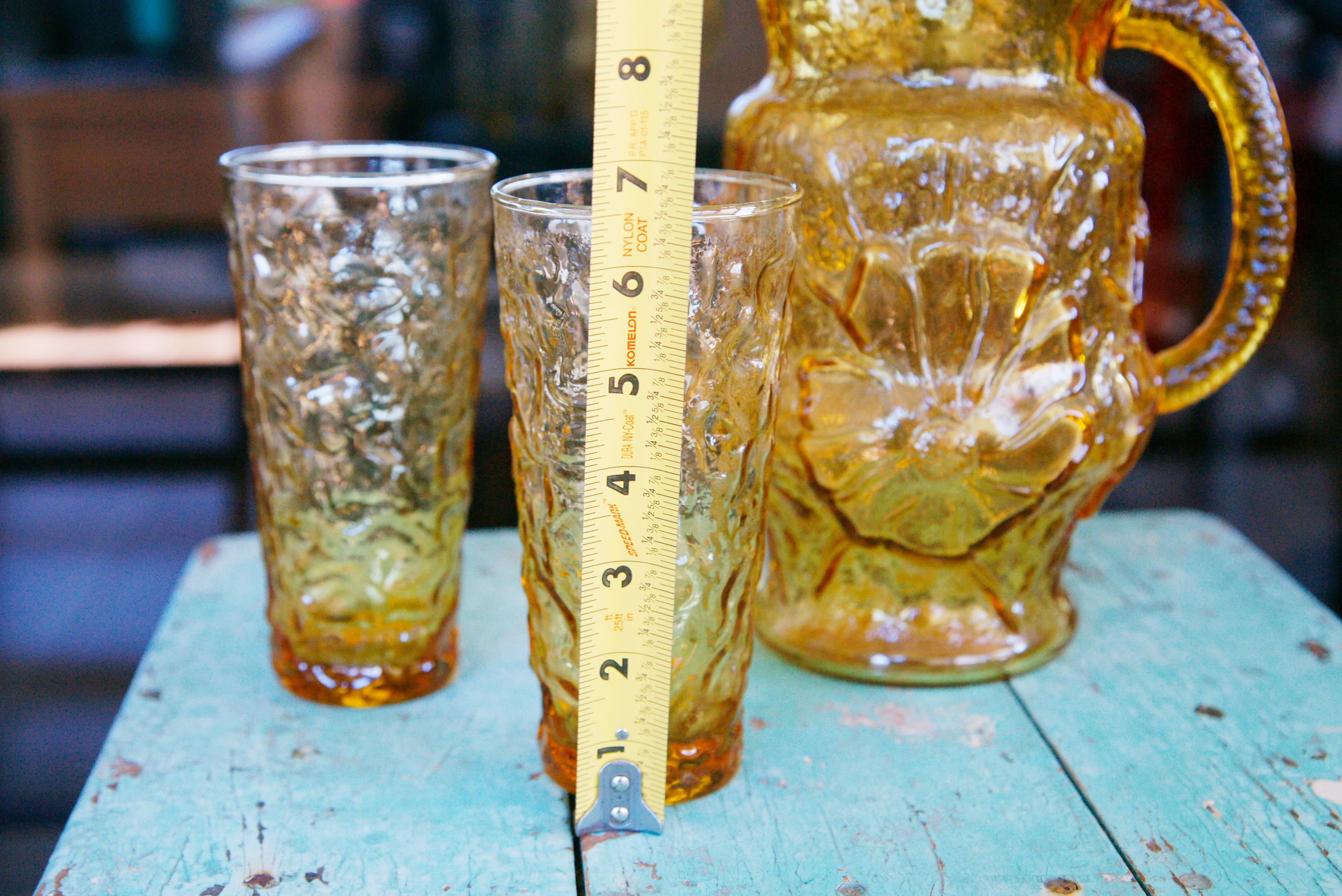 Vintage Anchor Hocking Yellow Amber Glass Pitcher With Glasses