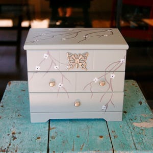 Hand Painted Butterfly and Flowers Wooden Jewelry Box Treasure box Organizer Storage Box for Keepsakes Ladies Jewelry Chest Armoire Upcycled