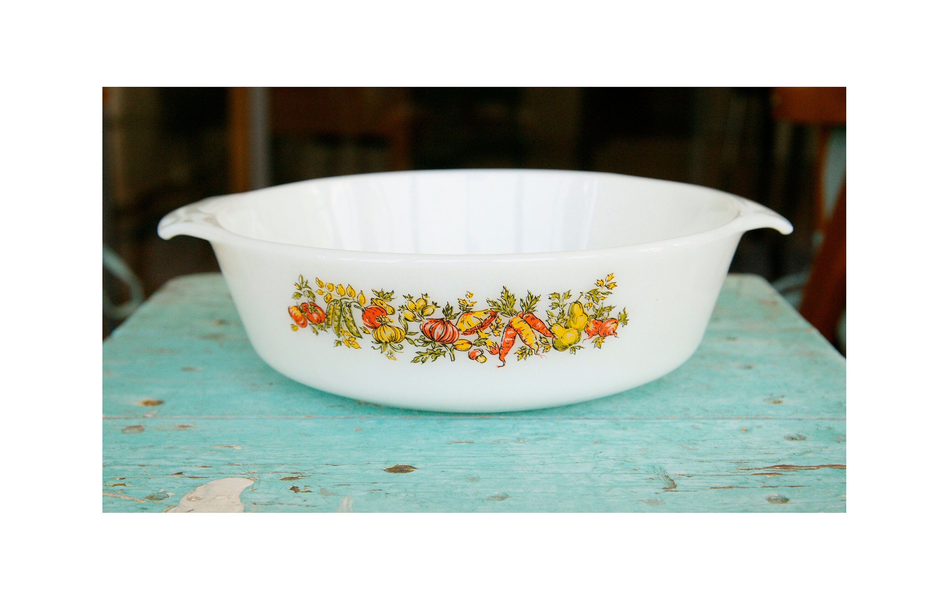 Vintage Fire King Milk Glass Casserole Dish: Vegetable Harvest 2
