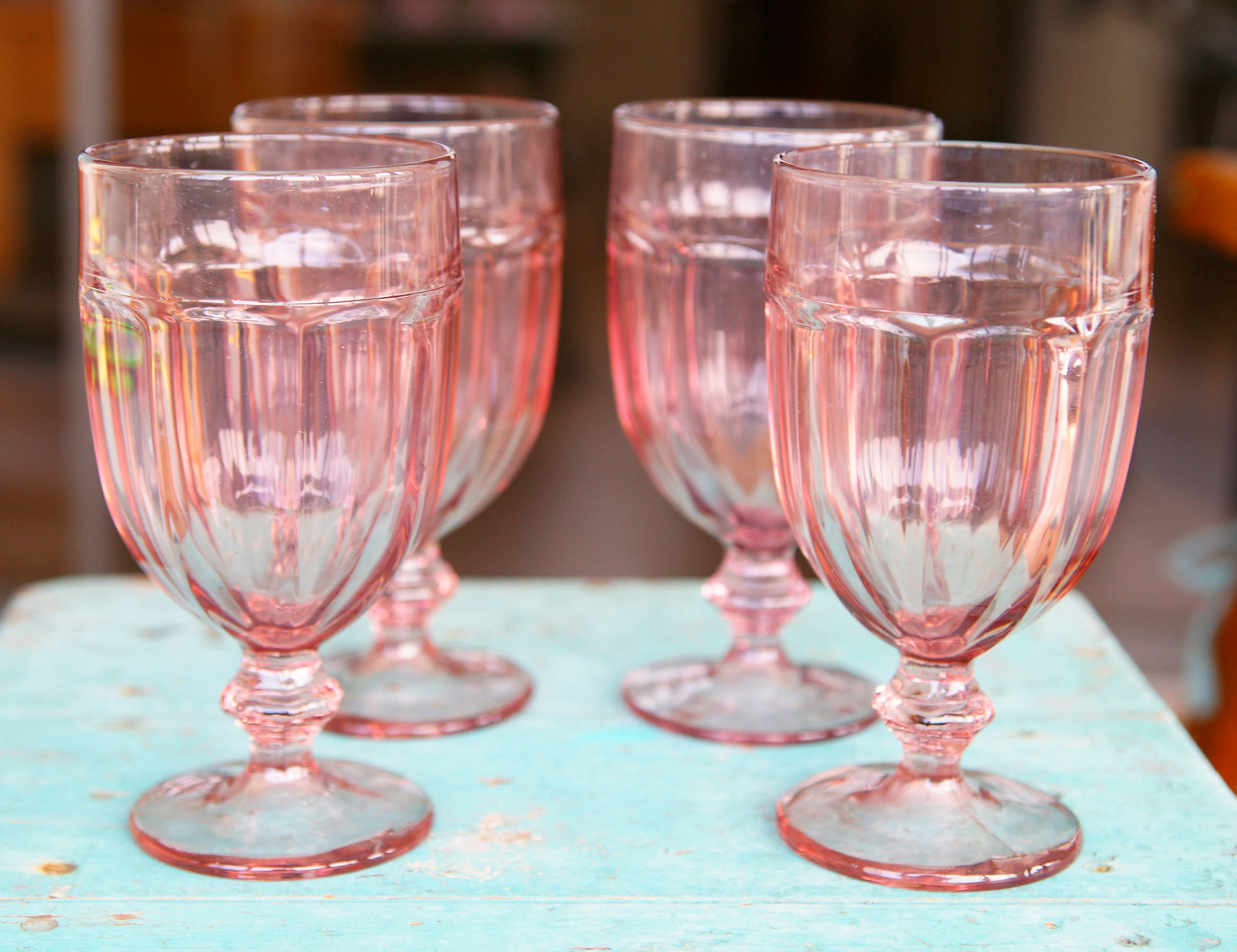Set of 5 Vintage Hand Blown Pink Blush Wine Glasses Long Stem Goblets 8 3/8”
