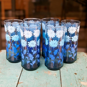Vintage Libbey Blue Ombre Daisy Glasses - Set of 6