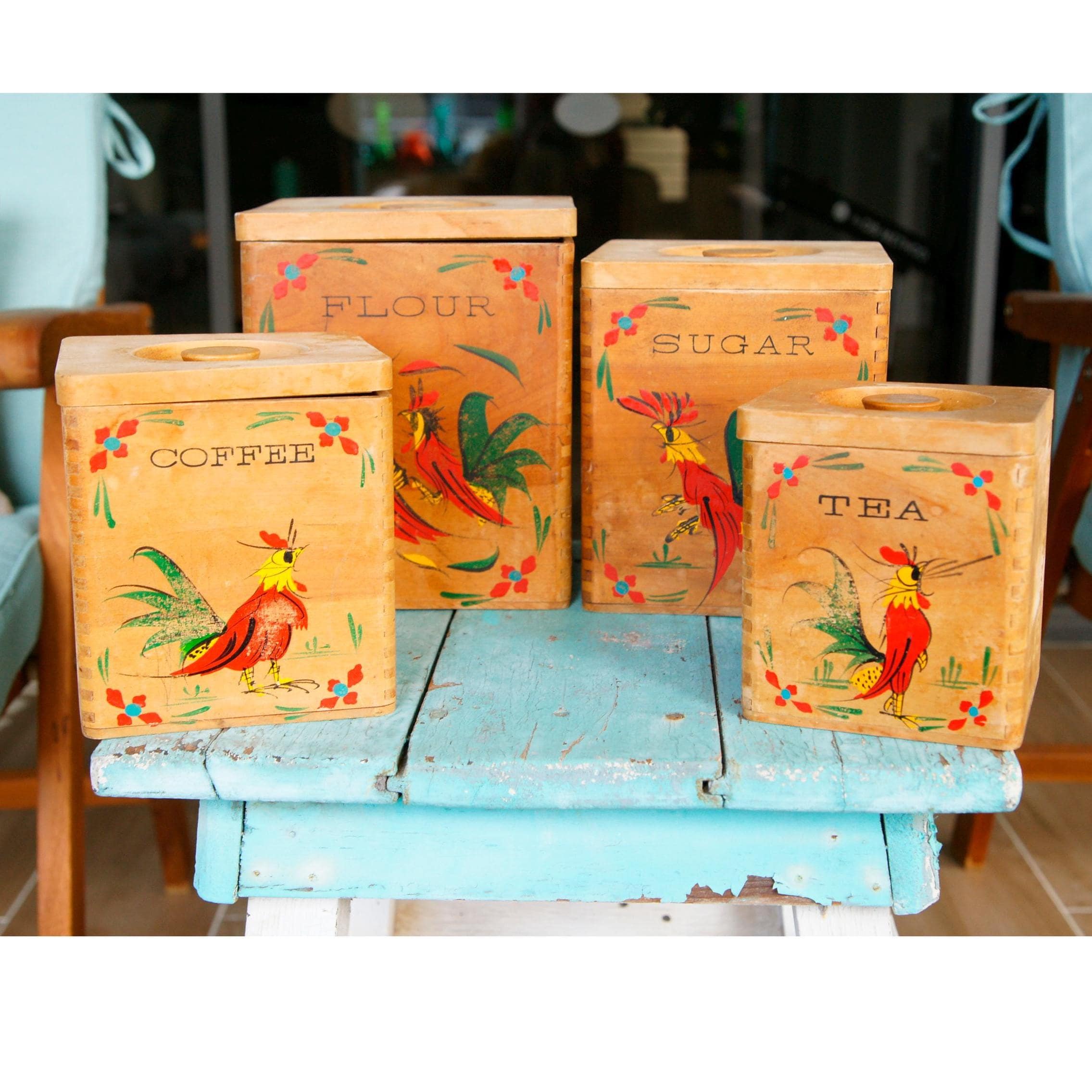 Vintage Rooster & Hen Wooden Canister Set: Farmhouse Kitchen Decor 