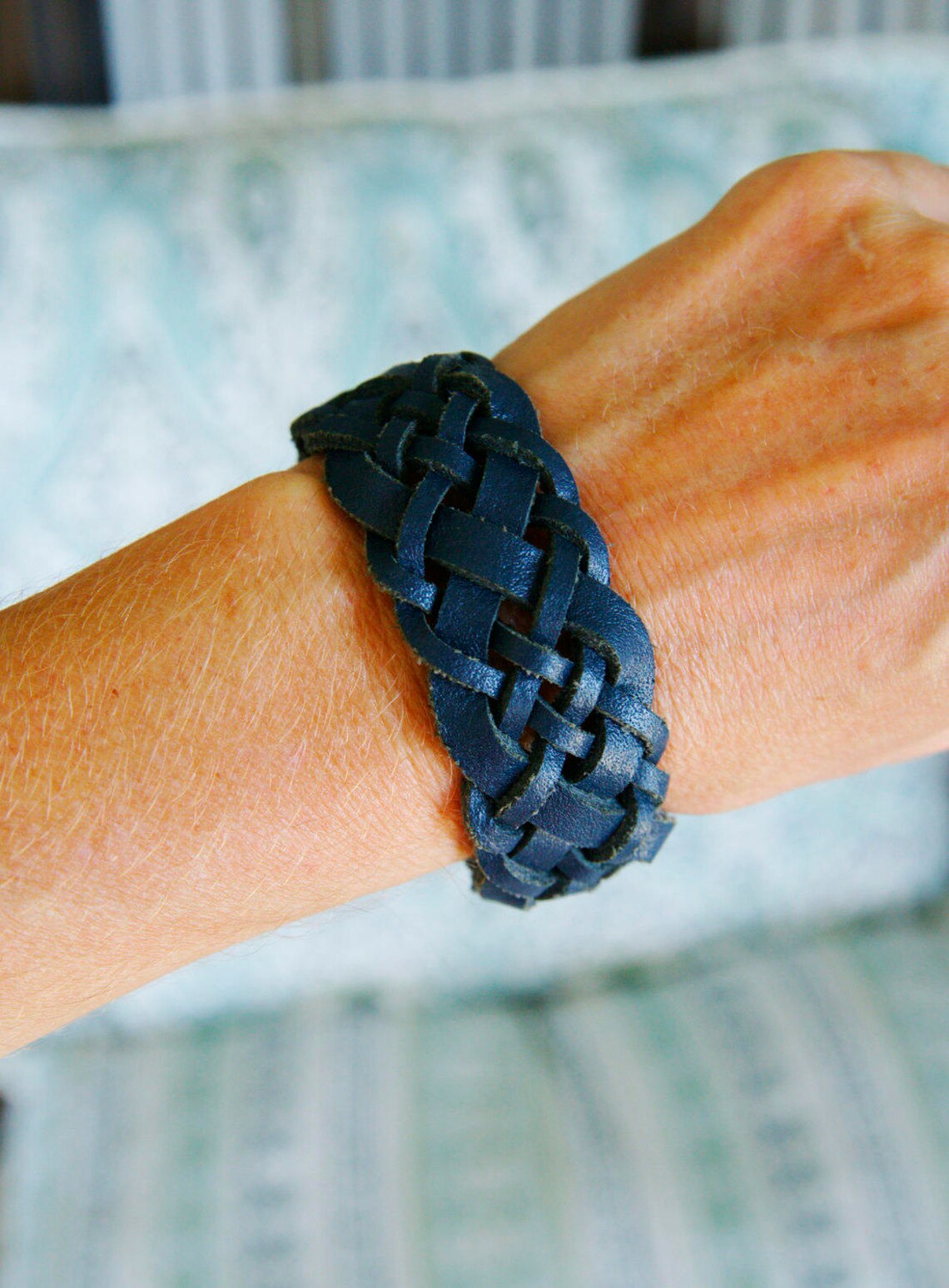 Blue Braided Leather Cuff Bracelet Upcycled Recycled Belt Etsy