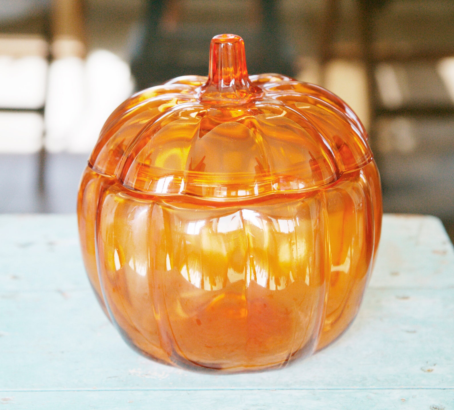 Vintage Anchor Hocking Pumpkin Glass Jar Canister Orange With Lid Show