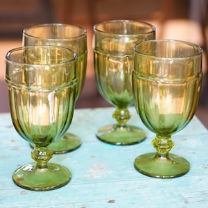 Vintage Green Gibraltar Glass Goblets by Libbey Glass Set of 4 Duratuff Glassware Water Iced Tea 16 oz Olive Green Footed Tumblers