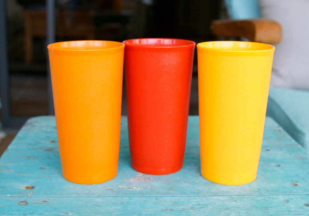 Vintage Tupperware Tumblers Glasses 12 Oz Set of 3 Glasses Orange, Red, Yellow Plastic Glasses